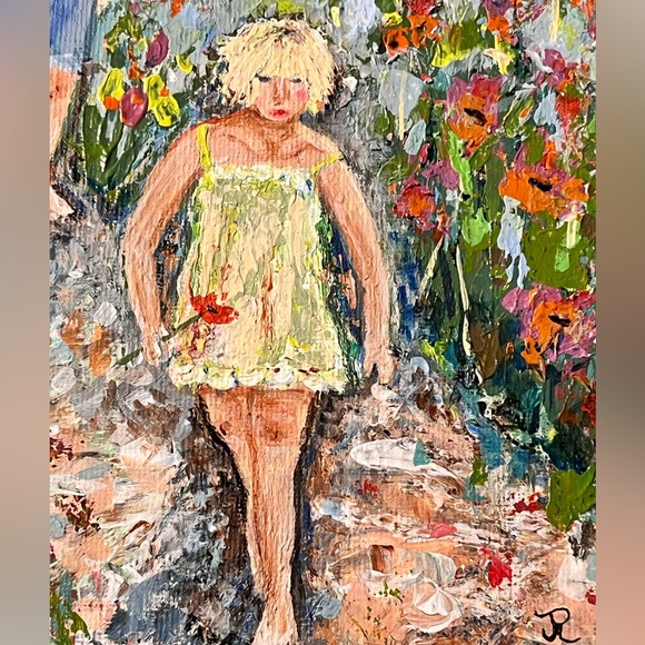 Original acrylic painting of girls and poppies 8x10 - Picture 3 of 8